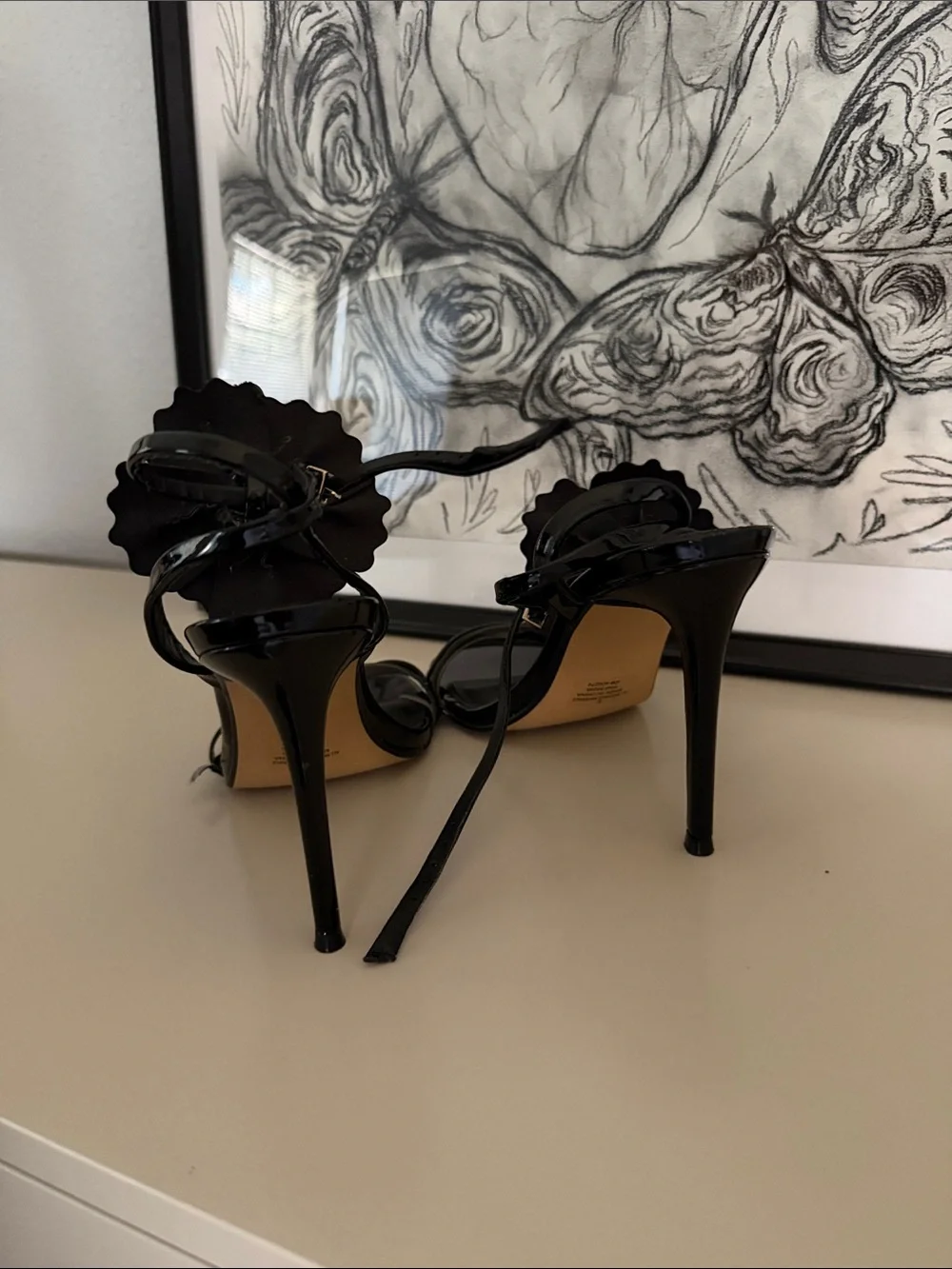 Express Women’s Black Patent Floral Ankle-Strap Sandals